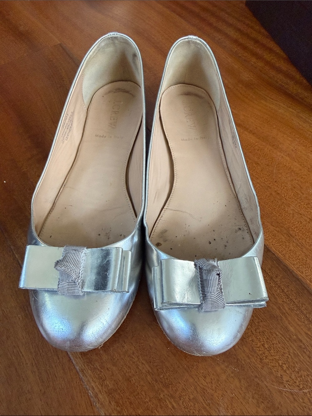 J. Crew silver mirrored ballet flat with bow detail